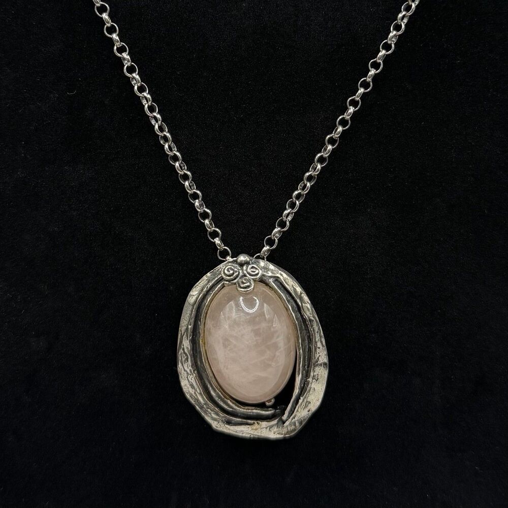 Vintage 925 Sterling Silver Rose Quartz Pendant Necklace 13" 25.6g